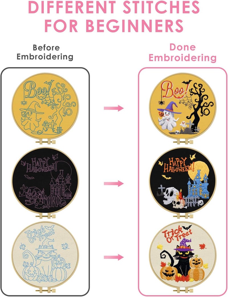TINDTOP Halloween Embroidery Kit for Adult Beginners, 3 Sets Embroidery Stitch Practice kit Include Embroidery Cloth Hoops Threads for Craft Lover Hand Stitch - Image 3
